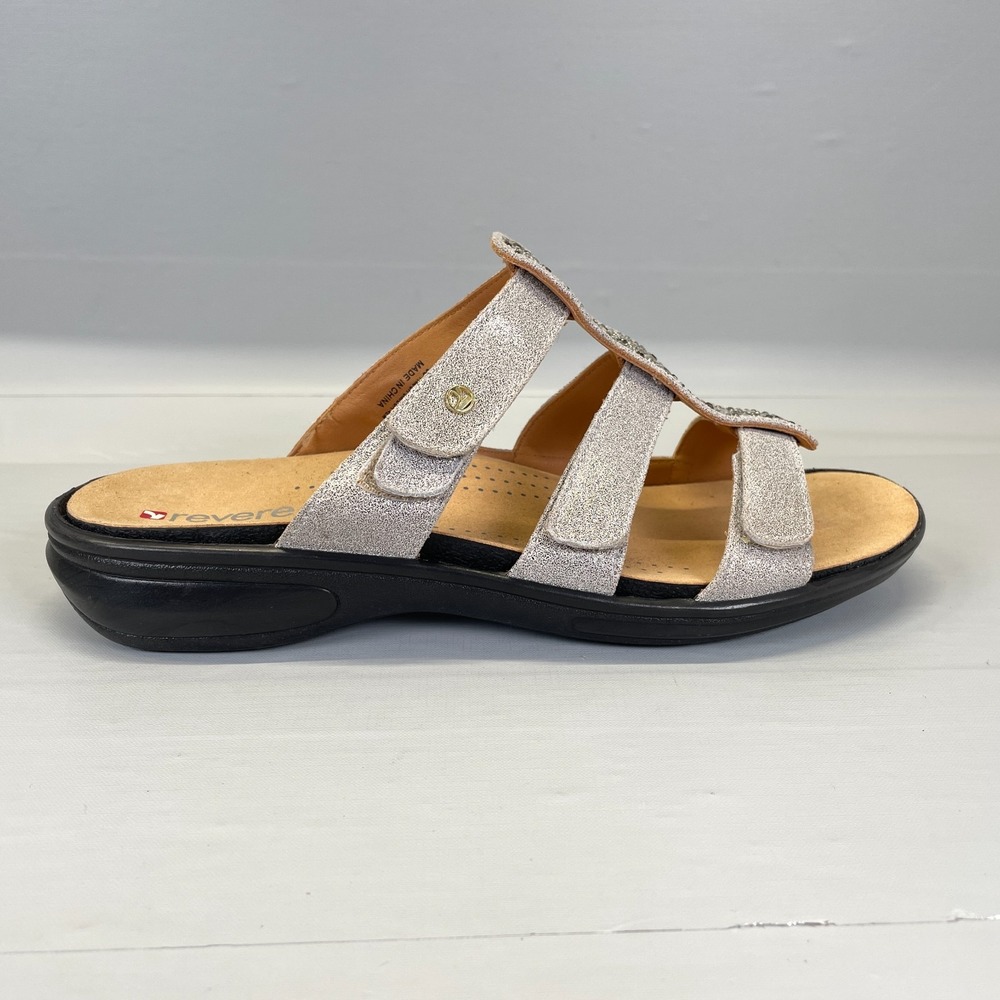 Revere Catalina Wedge Sandals Womens Size 11M Gray Gold Wash Rhinestones Leather